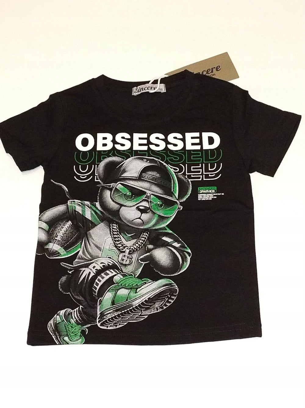 Koszulka chłopięca miś OBSESSED czarna T-shirt Bambik roz.98-128