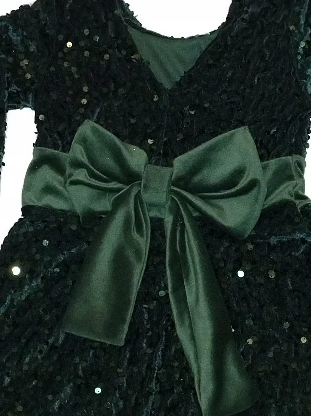 Sukienka dziewczęca zielona cekiny elegancka kokarda Bambik