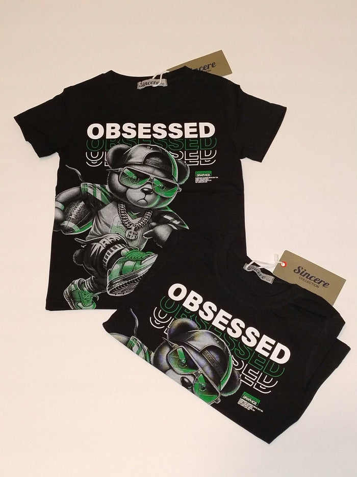 Koszulka chłopięca miś OBSESSED czarna T-shirt Bambik roz.98-128