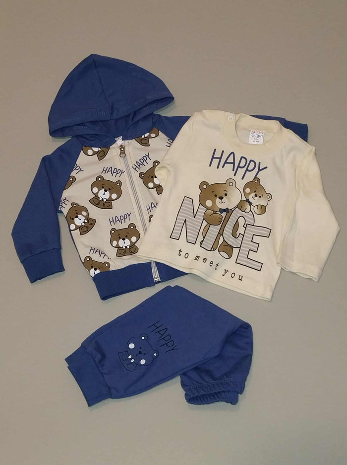 Komplet dziecięcy Happy miś bluza spodnie koszulka beż niebieski Bambik