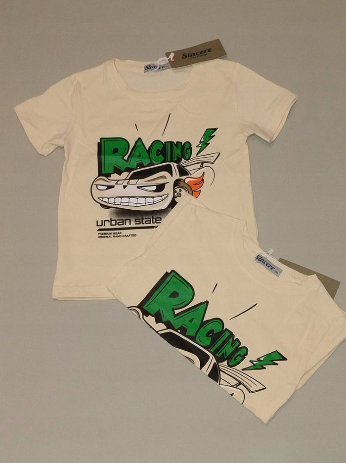 Koszulka chłopięca RACING auto T-shirt bawełna kremowa Bambik roz.98-128