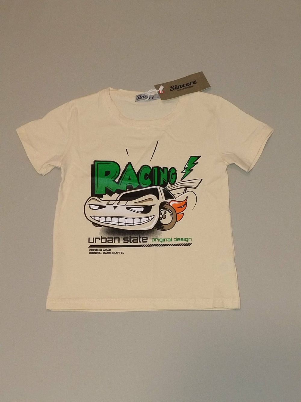 Koszulka chłopięca RACING auto T-shirt bawełna kremowa Bambik roz.98-128