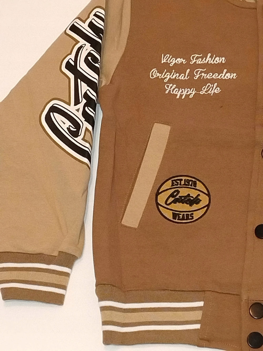 Bluza dziecięca college karmelowa na napy varsity bawełna bomberka
